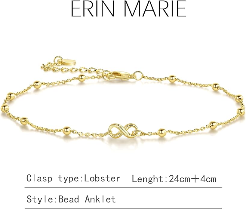 ERIN MARIE 14K Gold Anklets for Women Ankle Bracelets for Women Gold Anklets Infinity Symbol and Evenly Spaced Bead Infinity Bead Ankle Bracelets for Womens With Adjustable Size (9.4-11) Inches