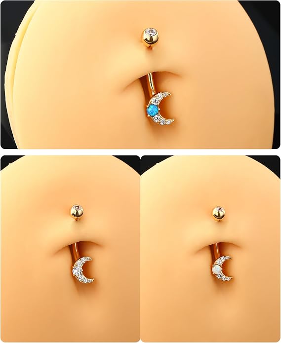 Jewseen 14K Gold Belly Button Rings Moon Belly Rings CZ Belly Button Piercing Opal Navel Rings Navel Piercing Jewelry for Women