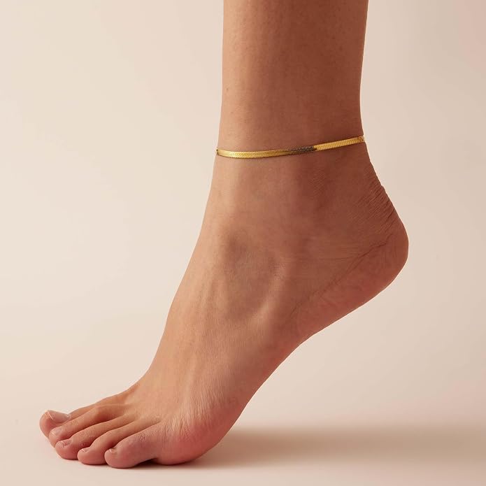 Dainty Ankle Bracelets for Women 18K Gold Plated Satellite Beaded Herringbone Lip Chain Anklets Simple Minimalist Summer Beach Foot Jewelry Christmas Gifts