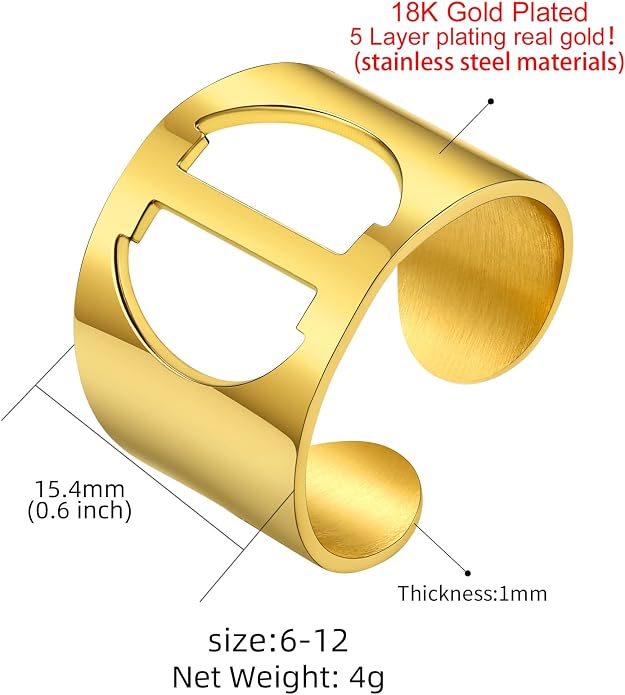 KeyStyle Bold Initial Letter Rings Adjustable, GoldChic Jewelry Women Gold Statement Ring Personalized Engraved Women’s Open Signet Ring for Party (Gold, White Gold, Black)