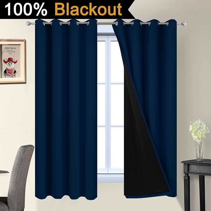 Yakamok Dark Blue 100% Blackout Curtains 63 Inches Long 52" Wide 2 Panels | Blackout Curtain Panels for Bedroom, 2 Thick Layers Grommet Top Thermal Insulated Drapes with Black Liner for Living Room