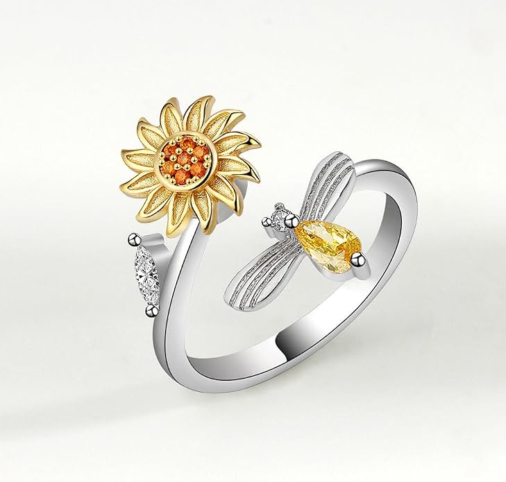 Fidget Ring Anxiety Spinner Ring Open Adjustable Sunflower Star Moon Windmill Butterfly Rings Daisy Stress Relieving Fidget Women Cubic Zirconia Anti Stress Mood Rotate Inspirations Jewelry