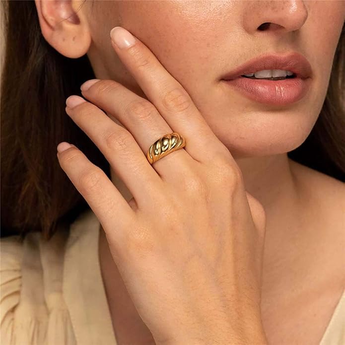 KOHOTA 6PCS Thick Dome Chunky Rings for Women 18K Gold Plated Braided Twisted Signet Ring Big Croissant Ring Minimalist Statement Ring Size 5-9