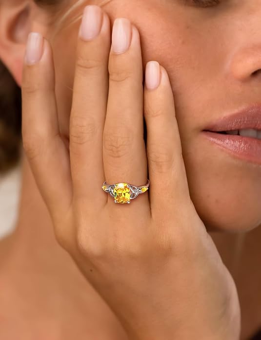 925 Sterling Silver Birthstone Rings for Women Cushion Cut Engagement Celtic Knot Ring Irish Jewelry Created Gemstone Anniversary Rings Size 6-10(with Box)