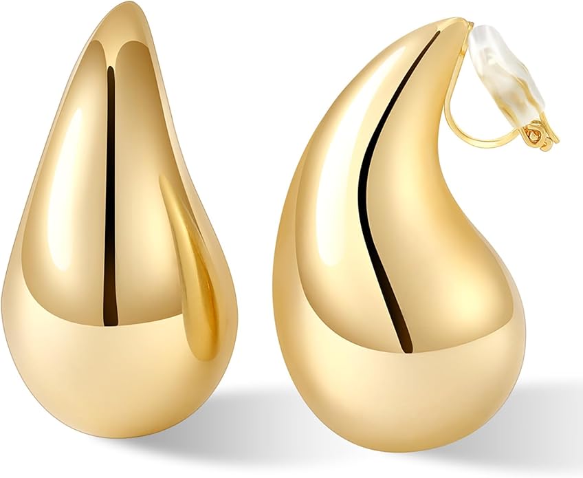 Gold Drop Clip On Earrings Dupes Teardrop Chunky Non Pierced Earring 14K Real Gold Plated Hypoallergenic Lightweight Earrings for Women（Gold and Silver）