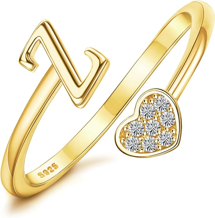 MILACOLATO 925 Sterling Silver Initial Rings for Women Teen Girl 18K Gold Plated Heart Initial Rings Adjustable Capital Letter Ring Stackable Thumb Pinky Rings for Daughter Birthday Bridesmaid Gifts Jewelry, A to Z