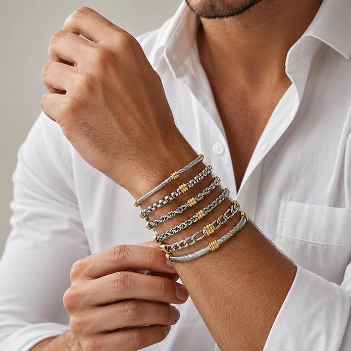 6Pcs Men's Bracelet Set, Waterproof Tarnish Resistant Stainless Steel Chain Bracelets for Men, Silver and Gold Stackable Cuban Link Snake Chain Jewelry Gift for Him, Fits 7.5-8 Inch Wrist