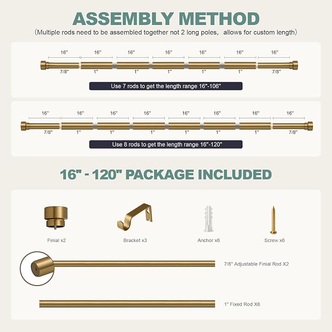 Lootkell Warm Gold Curtain Rods for Windows 66 to 120 Adjustable Length Heavy Duty 1" Diameter Brass Window Curtain Rod with Solid Metal Finials for Outdoor Farmhouse Bedroom Kitchen Living Room