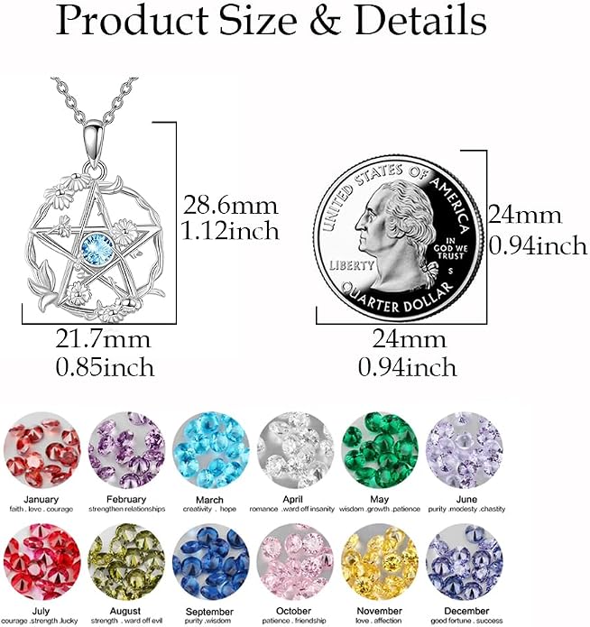 Birthstone Pentagram Necklace for Women 925 Sterling Silver Pentacle Daisy Pendant Pentacle Jewelry Birthday Gifts