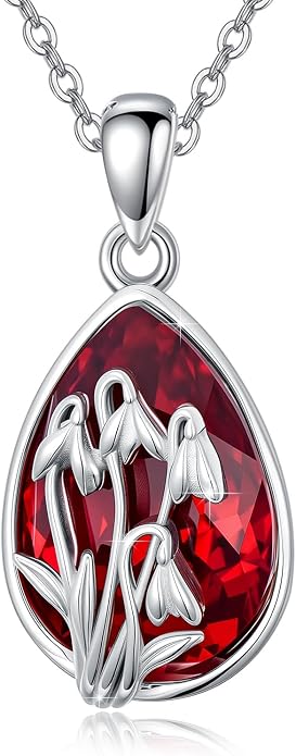 925 Sterling Silver Birth Flower Necklace with Teardrop Shaped Birthstone - 12 Colors, 12 Kinds of Flower - Ideal Birthday Jewelry Gift for Women, Mothers, Daughters & Wives