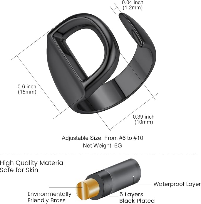 KeyStyle Bold Initial Letter Rings Adjustable, GoldChic Jewelry Women Gold Statement Ring Personalized Engraved Women’s Open Signet Ring for Party (Gold, White Gold, Black)