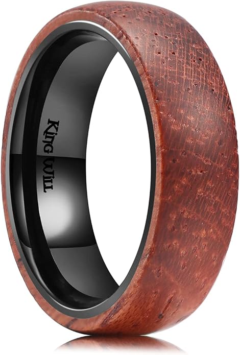 King Will 6/8mm Wedding Band for Men, Silver/Black Hammered Titanium Wedding Ring Inlaid Wood Inner Hole, Wedding Band for Men Matte Brushed Comfort Fit 7-14