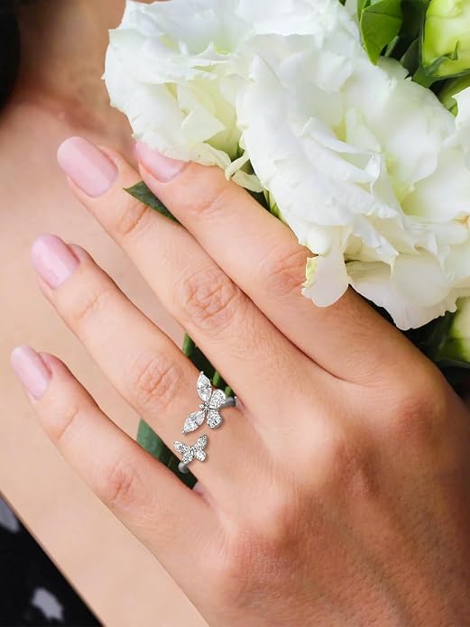 Moissanite Flower/Butterfly/Star Pretty Open Ring for Women, Adjustable Ring, Solid 925 Sterling Silver with Gold Plated, Stackable Ring, Birthday Valentines Anniversary Mothers Day Ideal Gift for Her