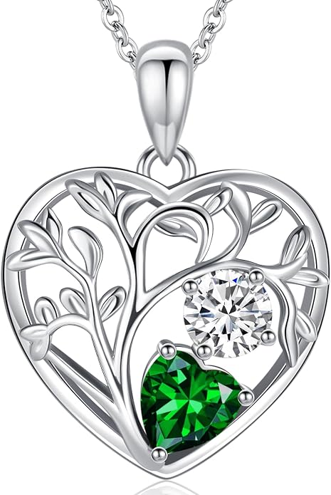 Tree of Life Birthstone Necklace Birthday Gifts 925 Sterling Silver Heart Pendant Birthstone Necklaces for Women Personalized 2 Gemstone Anniversary Graduation Gifts for Her Wife Mom
