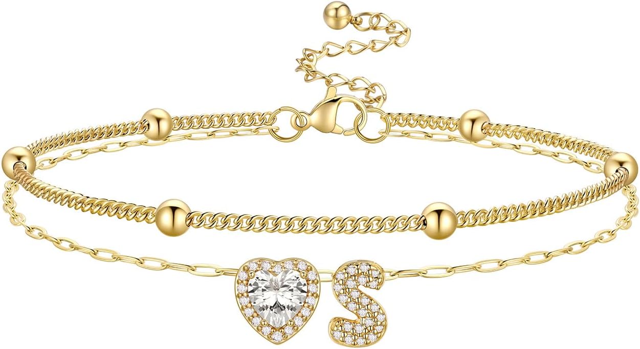 Bestyle Initial Anklet Bracelets for Women Waterproof Non Tarnish 14K Gold/White Gold Plated CZ Anklets for Women Dainty Layered Letter Heart Ankle Bracelets Adjustable Foot Chain Anklet