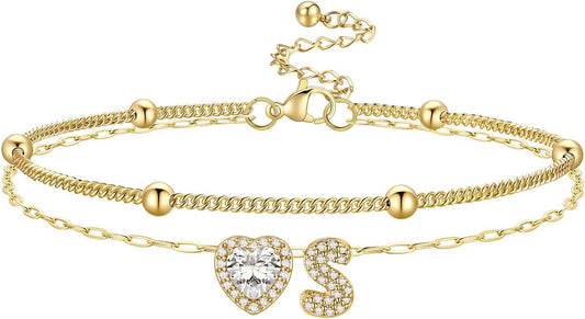 Bestyle Initial Anklet Bracelets for Women Waterproof Non Tarnish 14K Gold/White Gold Plated CZ Anklets for Women Dainty Layered Letter Heart Ankle Bracelets Adjustable Foot Chain Anklet