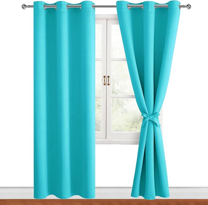Hiasan Blackout Curtains for Bedroom, 38 x 84 Inches Long - Thermal Insulated & Light Blocking Window Curtains for Living Room, 2 Drape Panels Sewn with Tiebacks, Turquoise