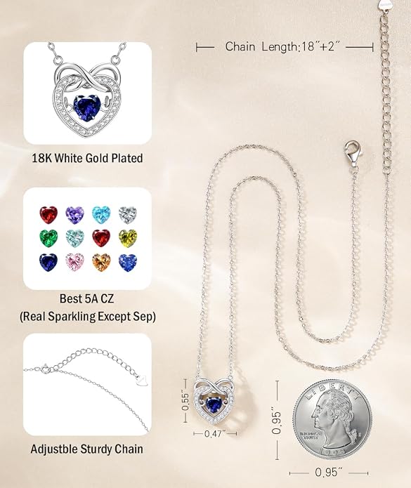 Trendy Dainty Infinity Birthstone Necklace, Dancing Heart 18K White Gold Plated 925 Sterling Silver Heart Necklace, Romantic Love Jewelry Graduation Gifts for Women Her