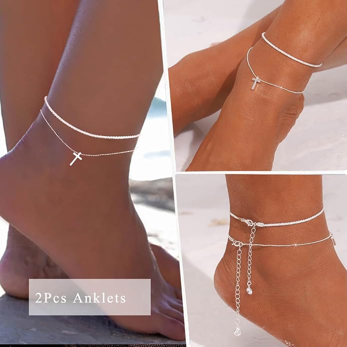 Yalice 925 Sterling Silver Ankle Bracelets for Women Dainty 14K Gold Plated Anklets Set Shiny Waterproof Ankle Chain Cross Beach Foot Jewelry Gifts