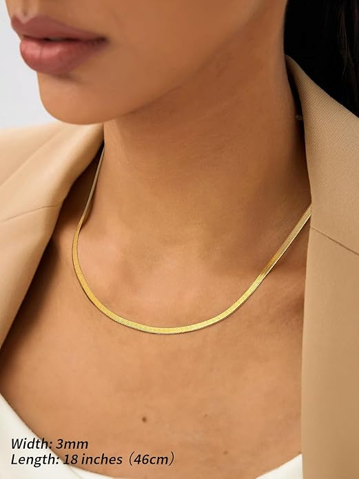 FindChic Black/14K Gold Plated Herringbone Choker Chain Necklace for Women | Waterproof Stainless Steel, Dainty Layering, Flat Snake Chain, Non-Tarnish, Hypoallergenic, Adjustable Extender, Gift Box