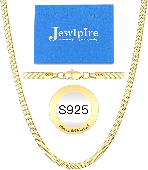 Jewlpire 3mm 4mm 5mm Herringbone Necklace 18K Gold Plated 925 Sterling Silver Chain Necklace for Women, Flat Snake Chain Necklace, Women's Chains Necklaces 16 18 20 22 24 Inch