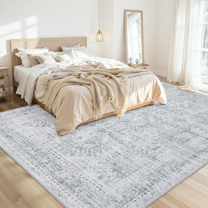 8x10 Area Rugs for Living Room: Vintage Boho Neutral Washable Rug Indoor Soft Large Area Rug Carpet for Bedroom Nursery Farmhouse Dining Room Office Floor Non-Slip Low Pile Under Table Rug Gray