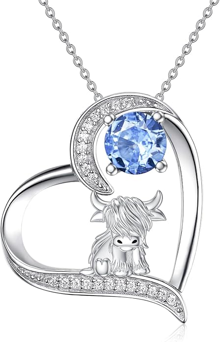 Highland Cow Gifts for Women 925 Sterling Silver Highland Cow Birthstone Necklace Fluffy Cow Jewelry Gifts Birthday Christmas