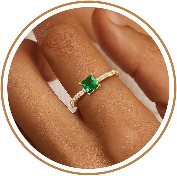 Birthstone Gold Rings for Women Non Tarnish 14K Gold Plated Stackable Cubic Zirconia Thumb Rings Dainty Cute Emerald Eternity Band Pinky Ring Engagement Wedding Promise Rings Jewelry Gifts