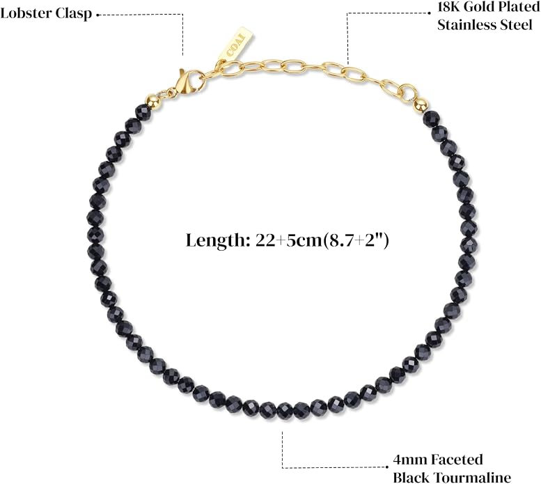 COAI Beach Waterproof Anklet for Women, Black Tourmaline Moonstone Amethyst Beaded Anklet for Women