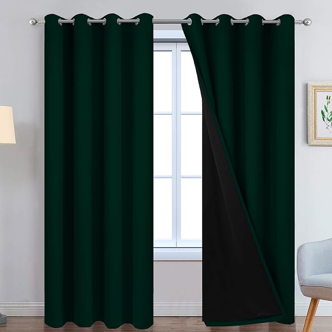 Yakamok Pine Tree Green 100% Blackout Curtains 96 Inches Long 52" Wide | Blackout Curtain Panels for Bedroom, 2 Thick Layers Grommet Top Thermal Insulated Drapes with Black Liner for Living Room