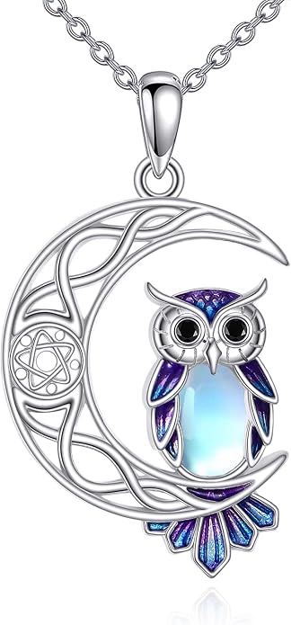 Owl Birthstone Necklace Sterling Silver Celtic Moon Pendant Cubic Zirconia Owls Jewelry Birthday Gifts for Women Men