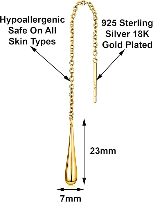 Savlano Teardrop 925 Sterling Silver 18k Gold Plated Long Chain Threader Dangle Drop Earrings For Women and Teens Comes In White Gold, Yellow Gold, & Rose Gold Colors Comes With Savlano Gift Box