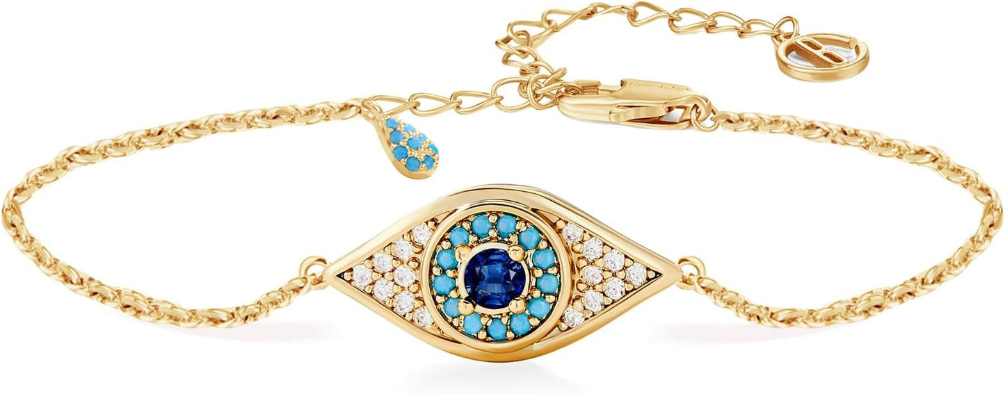 Cicy Bell Evil Eye Bracelets 18k Gold Plated Turquoise Zirconia Link Bracelets Trendy Jewelry Gift for Women Adjustable 5.9" with 1.9'' Extender