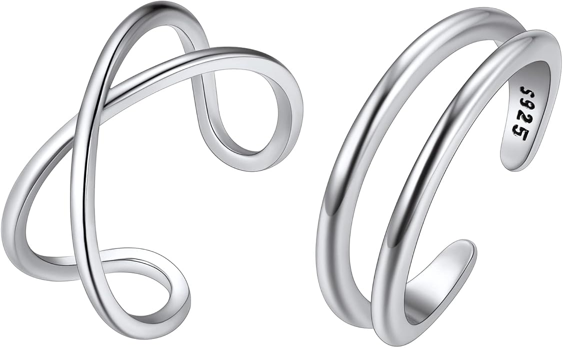 SILVERCUTE Toe Ring, Chic 925 Stamped Toe Ring, Band/Leaf Toe Ring, Sterling Silver Open Adjustable Toe Ring Set, Adjustable Pinky Rings
