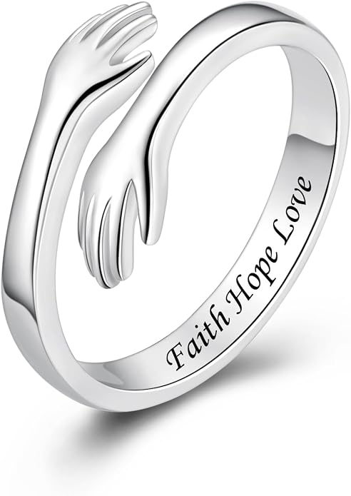 S925 Sterling Silver Hug Rings for Women Teen Girls Adjustable Ring for Granddaughter Daughter Hope Promise Friendship Hand Ring Jewelry for Birthday Graduation Christmas Mothers Day Valentines Gifts
