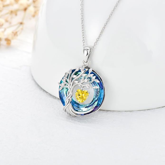 TOUPOP Tree of Life Birthstone Necklaces 925 Sterling Silver Irish Celtic Tree Pendant with Blue Crystal Birthday Jewelry Gifts for Women Mom Wife Her