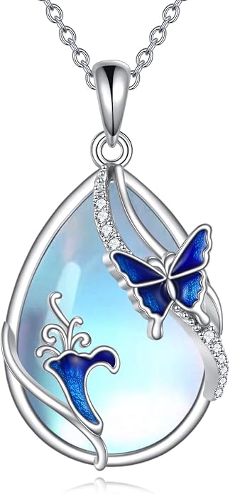 KQF Dragonfly/Butterlfy/Cat/Jellyfish/Bunny/Axolotl/Bee/Mermaid/Hummingbird/Elephant Necklace for Women Sterling Silver Moonstone Pendant Necklace Dragonfly Jewelry Gifts for Women