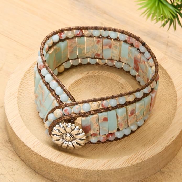 YGLINE Boho Handmade Natural Stone Bead 3 Row Wide Wrap Wrist Statment Bracelet Jewelry Collection