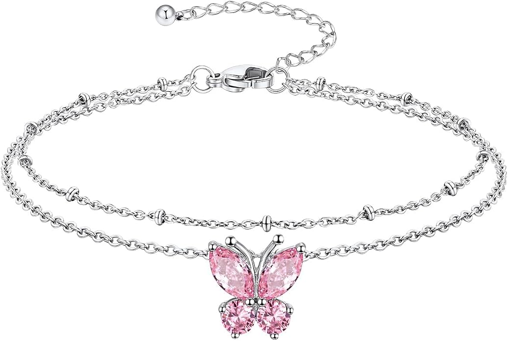 Richsteel Double Layer Heart/Butterfly Birthstone Anklet for Women Non Tarnish Waterproof, Silver/Gold/Black Stainless Steel 8.5-10.5 Inch Adjustable Chain Anklets Jewelry Gifts for Her