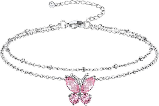 Richsteel Double Layer Heart/Butterfly Birthstone Anklet for Women Non Tarnish Waterproof, Silver/Gold/Black Stainless Steel 8.5-10.5 Inch Adjustable Chain Anklets Jewelry Gifts for Her
