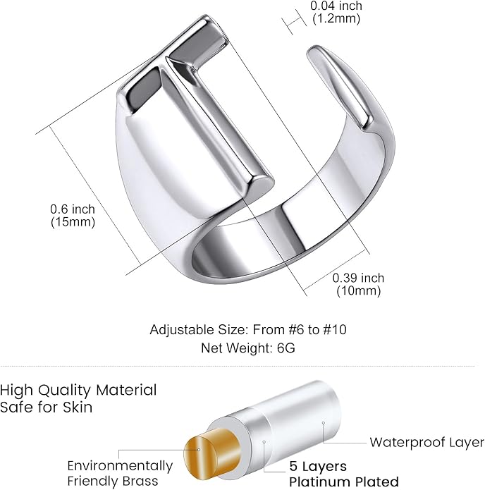 KeyStyle Bold Initial Letter Rings Adjustable, GoldChic Jewelry Women Gold Statement Ring Personalized Engraved Women’s Open Signet Ring for Party (Gold, White Gold, Black)
