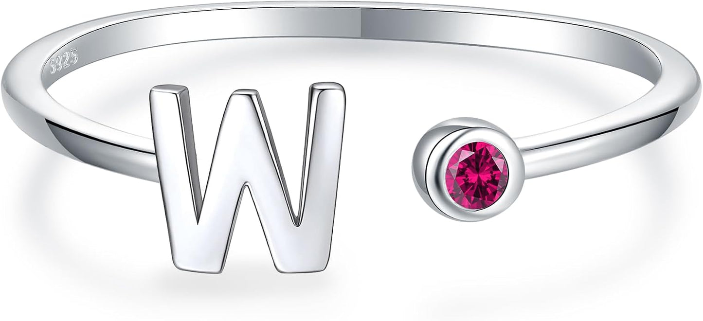 925 Sterling Silver Initial Letter Birthstone Rings for Women Adjustable 1-12 Month Birthstone Alphabet Stacking Ring for Teens Girls Stackable Birthstone Rings Birthday Jewelry Gift for Daughter Mom