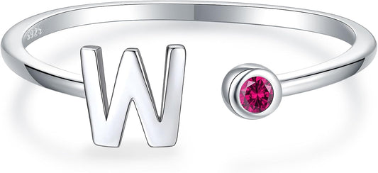925 Sterling Silver Initial Letter Birthstone Rings for Women Adjustable 1-12 Month Birthstone Alphabet Stacking Ring for Teens Girls Stackable Birthstone Rings Birthday Jewelry Gift for Daughter Mom