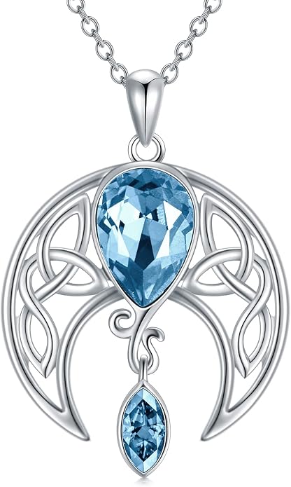 AOBOCO Sterling Silver Celtic Crescent Moon Goddess Pendant Irish Good Luck Necklace with Birthstone Crystal, Celtic Moon Jewelry Gift for Women Mom Wife