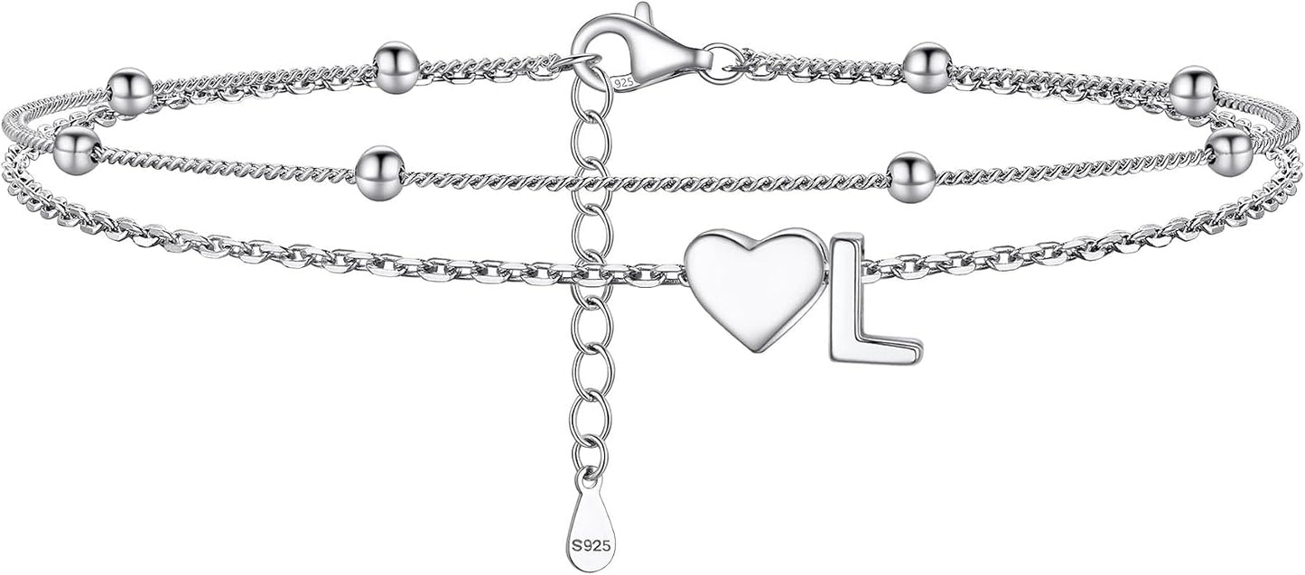 PROSILVER Ankle Bracelets for Women S925 Sterling Silver Anklets for Women Waterproof, Dainty Layered Heart Anklet, Beach Initial Anklet for Summer, Letter A-Z