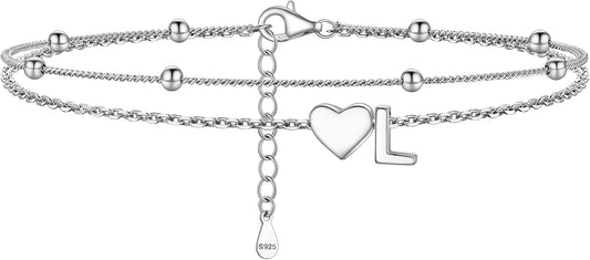 PROSILVER Ankle Bracelets for Women S925 Sterling Silver Anklets for Women Waterproof, Dainty Layered Heart Anklet, Beach Initial Anklet for Summer, Letter A-Z