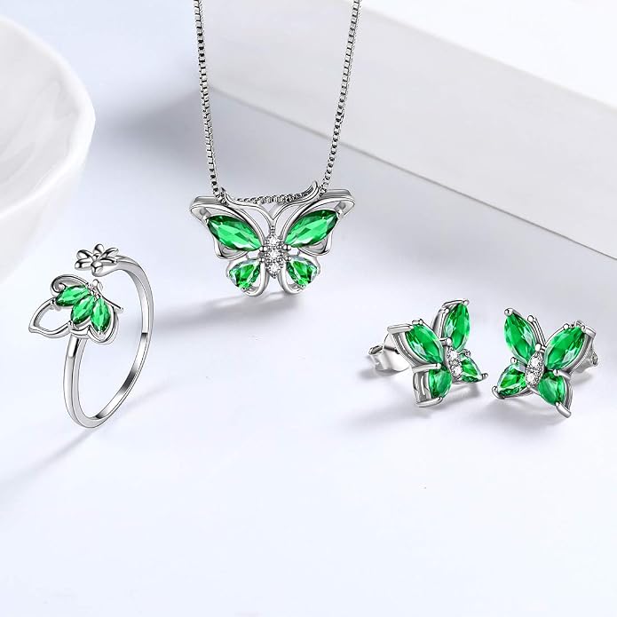 Aurora Tears Butterfly Jewelry,Women 925 Sterling Silver Butterflies Birthstone Pendant Necklace/Earrings/Rings Wedding Gift