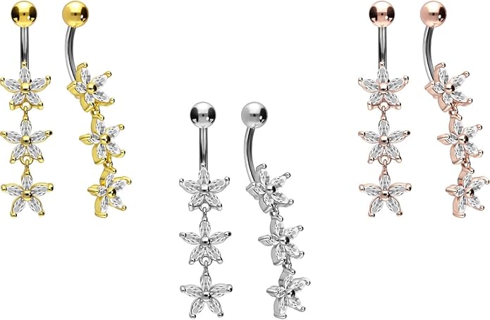 PIERCINGLINE Titanium Belly Button Piercing 925 Silver Design CRYSTAL FLOWERS