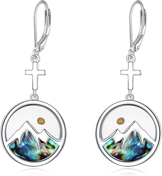 AOBOCO Mustard Seed Earrings for Women Sterling Silver Mountain Cross Earrings Dangle Christian Religion Jewelry Mothers Day Birthday for Mom Wife Friends