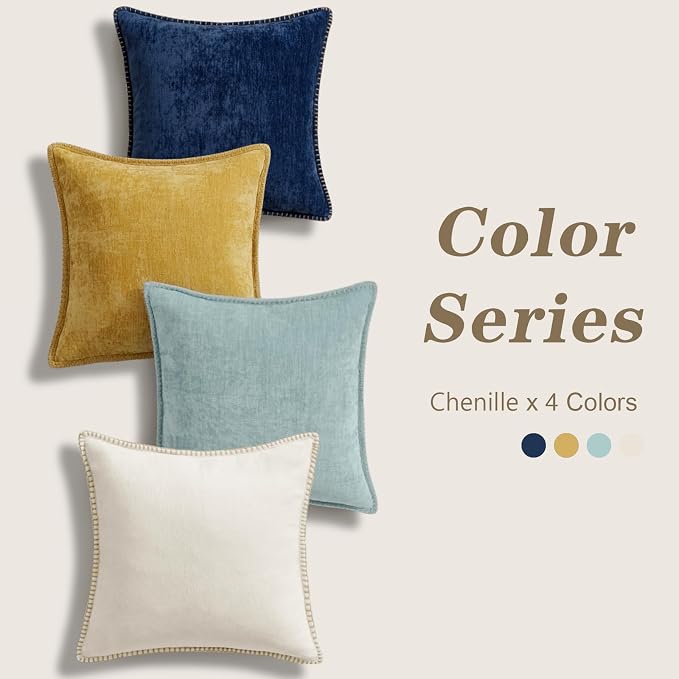 decorUhome Fall Soft Decorative Chenille Throw Pillow Covers 16x16 Set of 4 | Aqua Blue Cozy Decorative Modern Farmhouse Neutral Pillow Cases with Stitched Edge for Couch Sofa Bed Living Room Home Decor